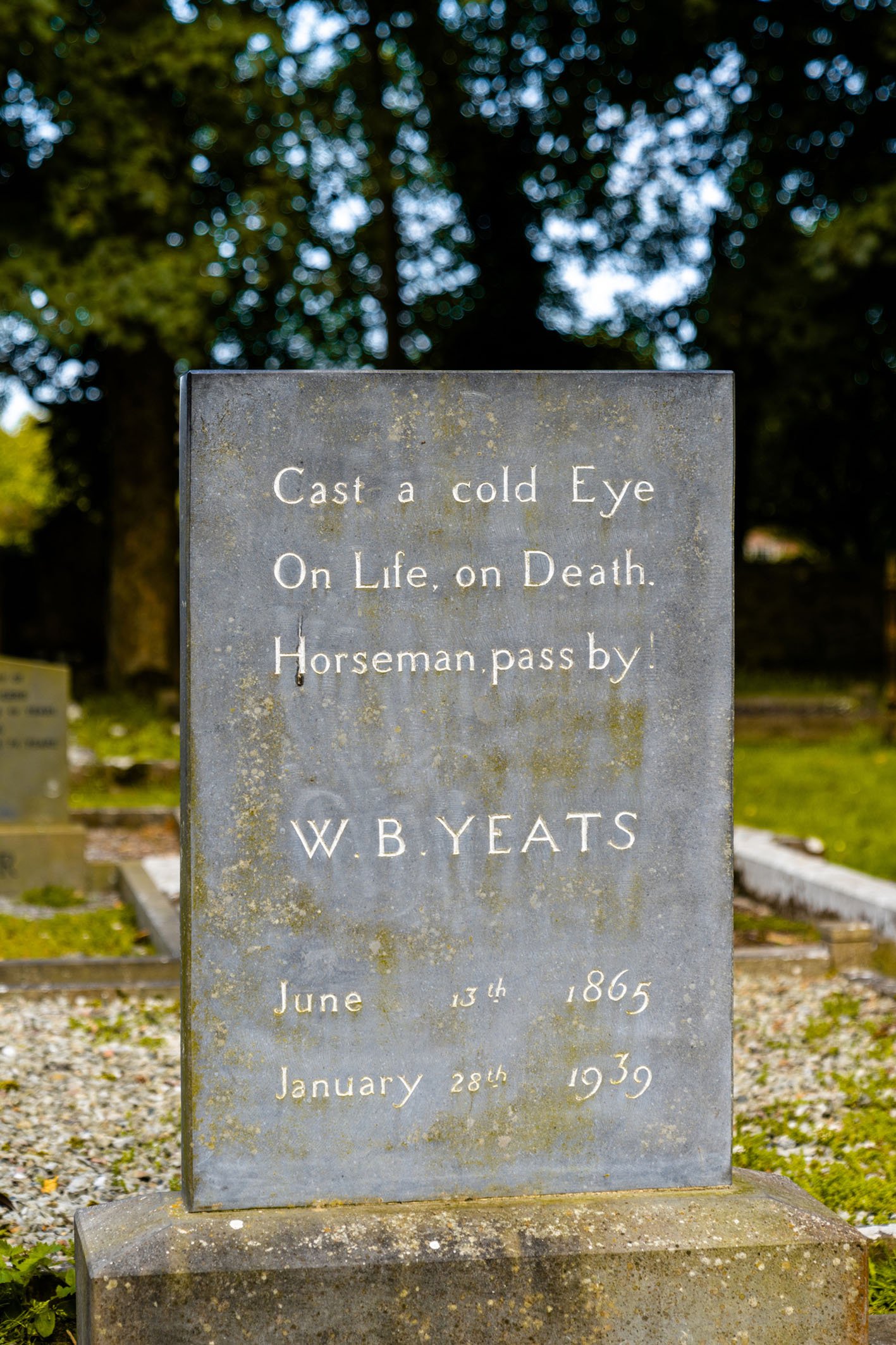 Drumcliffe, Ireland - 17 June, 2022: close-up view of the headstone and grave of william Butler Yeats imn the Drumcliffe Parish Church Cemettery